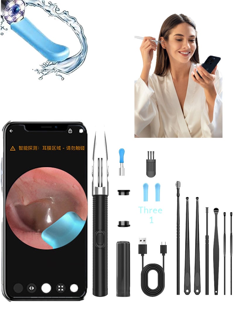 ميون جهاز ذكي لإزالة شمع الأذن مزود بملقط وكاميرا، يتضمن 5 ملاعق أذن من السيليكون الناعم، طقم تنظيف أذن لاسلكي لأجهزة iOS وأندرويد، إضاءة عالية الدقة، طقم تنظيف أذن من 8 قطع (أسود) - Image 1